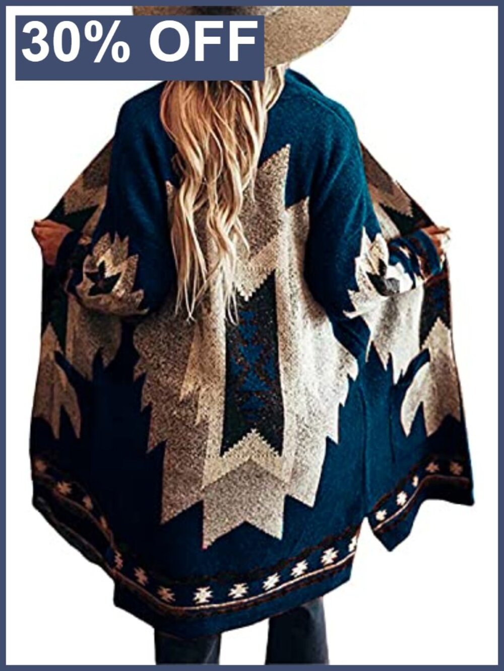 Vintage Tribal Knitted Cardigan Sweater Coat Western Open Front Outwear Pocket